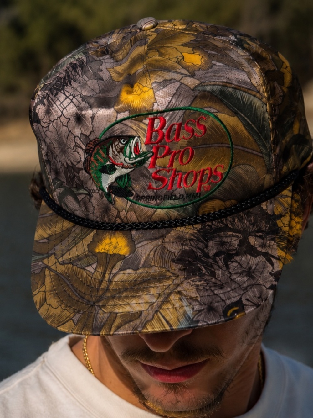 Vintage Bass Pro Shops Floral Snapback Trucker Hat Camo Rope Cap